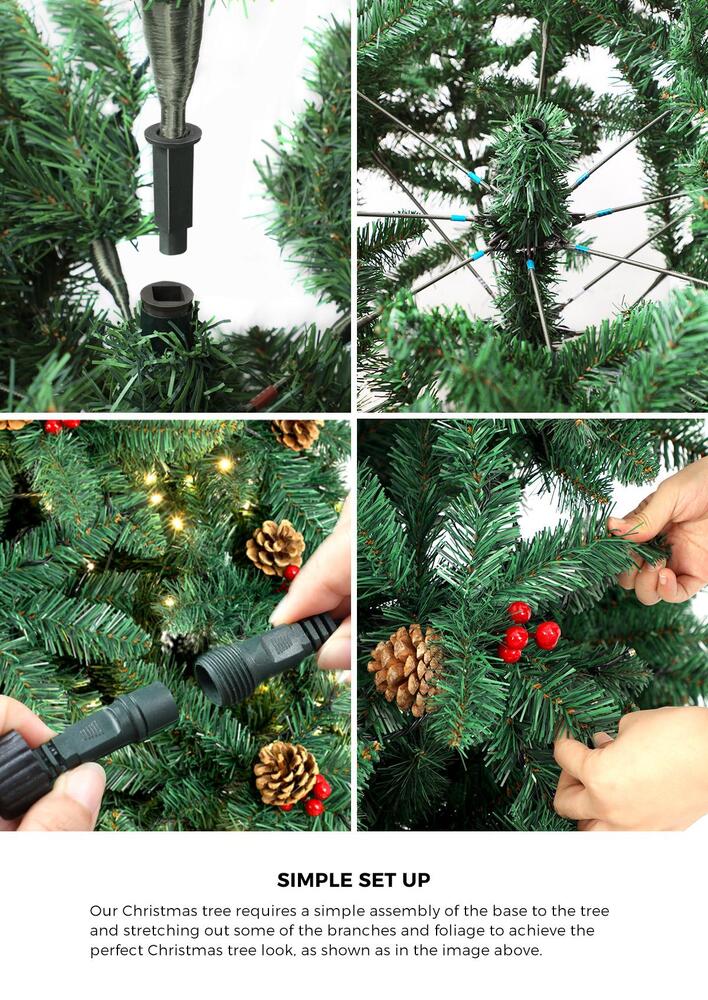 8FT Green Christmas Tree with LED Lights and Pine Cones Decorations