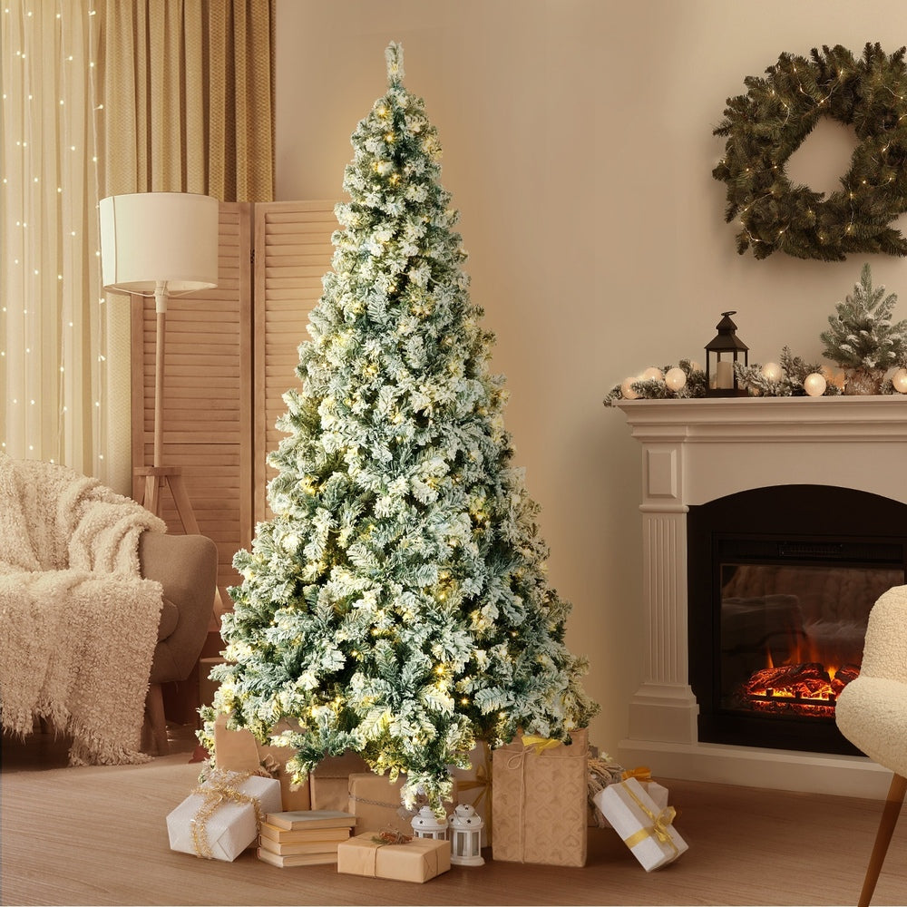 7FT Snow Flocked Green Christmas Tree with LED Lights